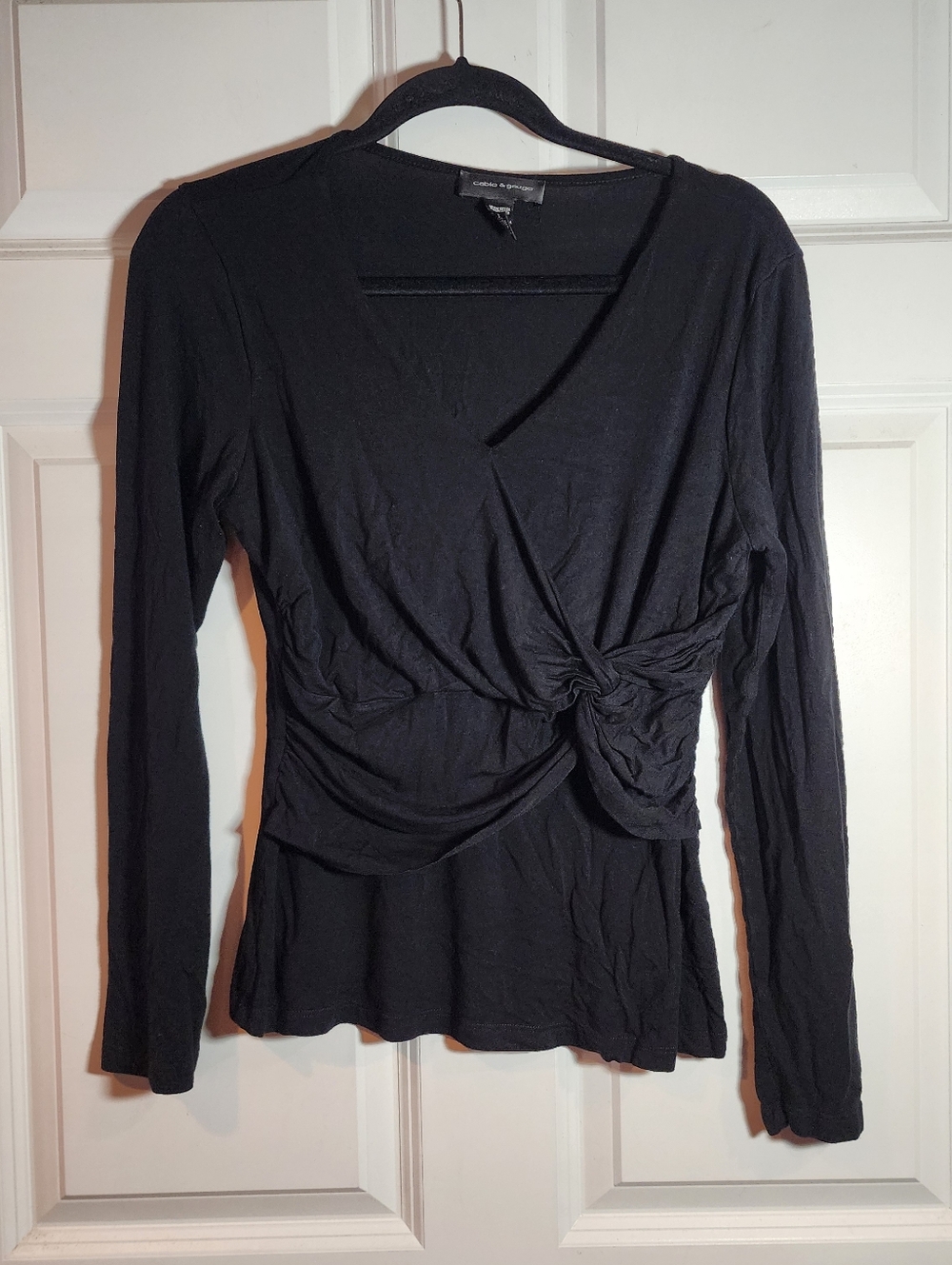 Cable & Gauge Stretchy Black Long-Sleeve Twist Front Top L